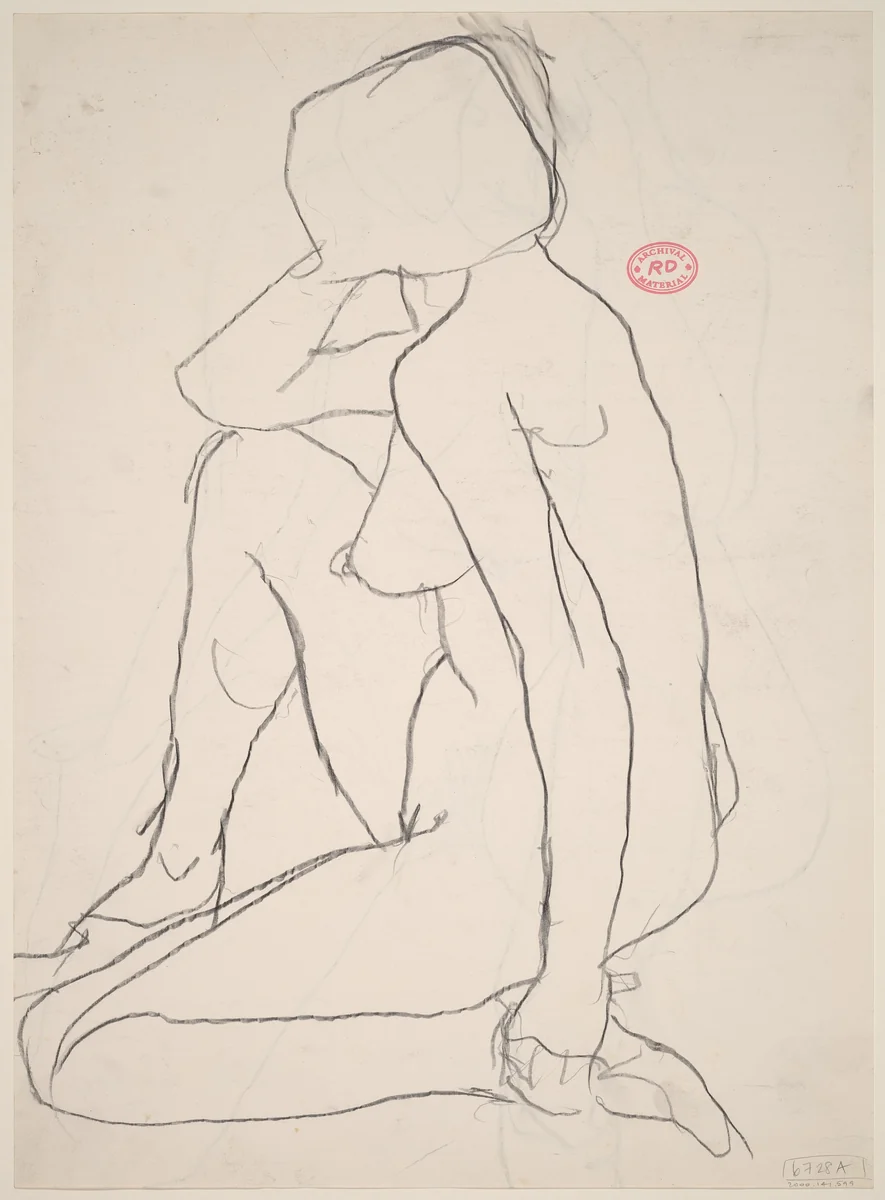 Untitled [side view of female nude kneeling on one leg] [recto] by Richard Diebenkorn, drawing, 1955-1967