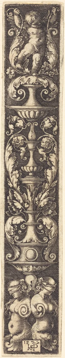 Panel of Ornament with Candelabra Supported by Two Blindfolded Women by Sebald Beham, print, 1527