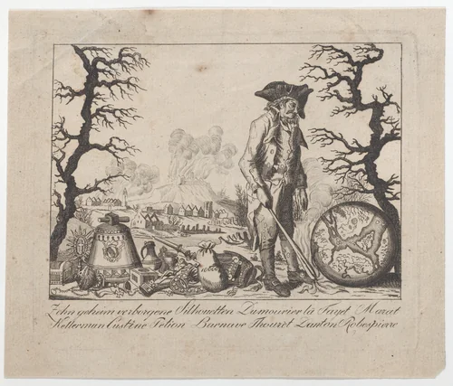 Caricature and hidden silhouette representations of Lafayette and others by anonymous, print, 1700-1800