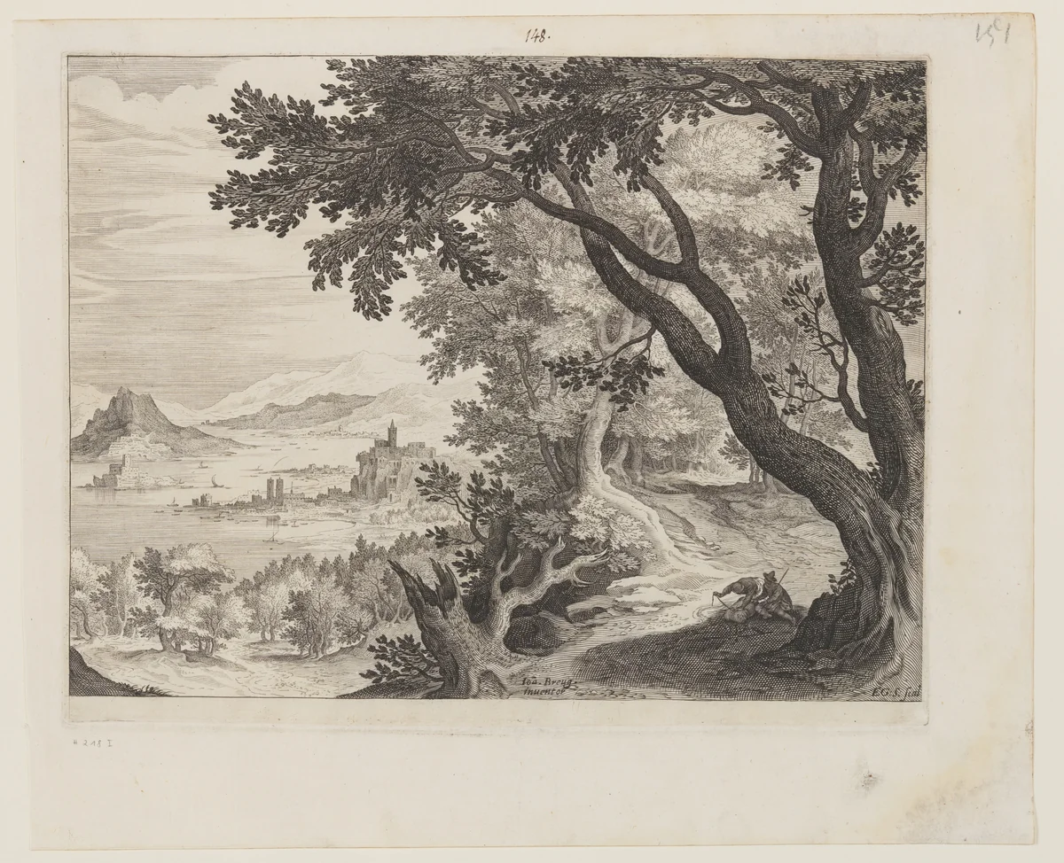 Riverscape with Two People Sitting under a Tree by Aegidius Sadeler II, print, 1590-1620