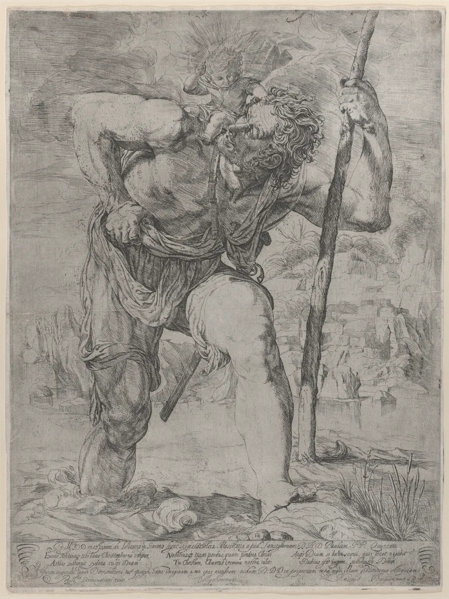 Saint Christopher with the Christ Child on his shoulders by Orazio Borgianni, print, 1609-1619
