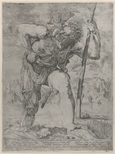 Saint Christopher with the Christ Child on his shoulders by Orazio Borgianni, print, 1609-1619