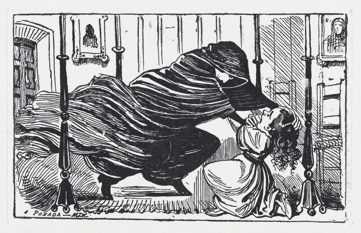 A figure in a cloak strangling a young girl by José Guadalupe Posada, print, 1875-1885