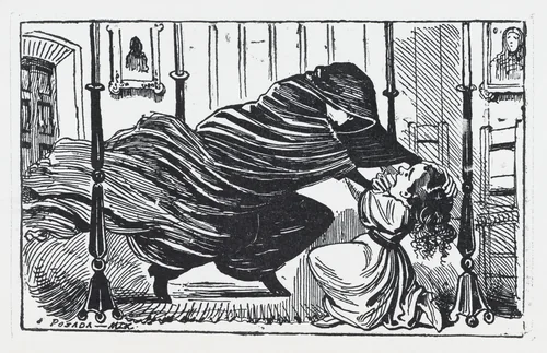 A figure in a cloak strangling a young girl by José Guadalupe Posada, print, 1875-1885