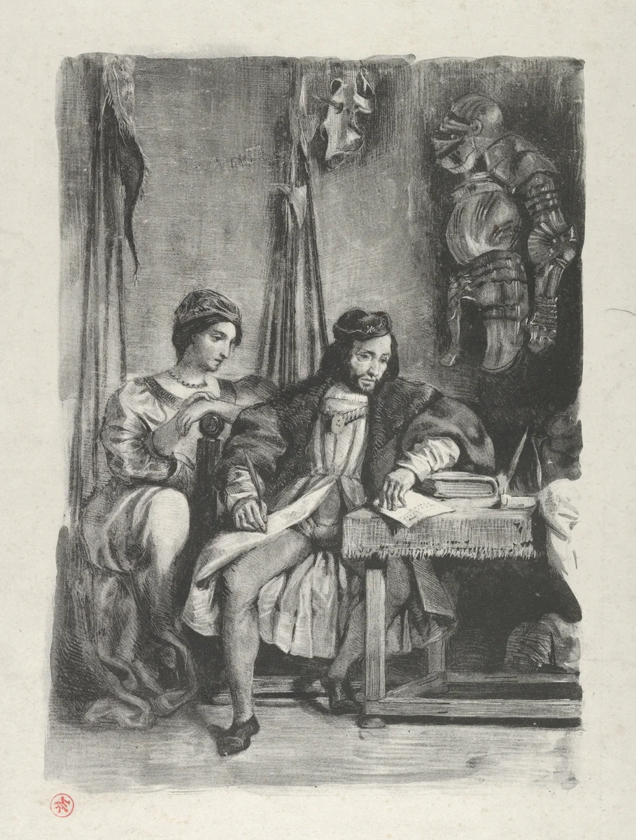 Goetz von Berlichingen Writing his Memoirs by Eugène Delacroix, print, 1836-1843