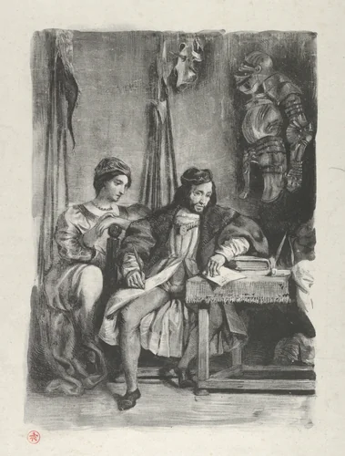 Goetz von Berlichingen Writing his Memoirs by Eugène Delacroix, print, 1836-1843