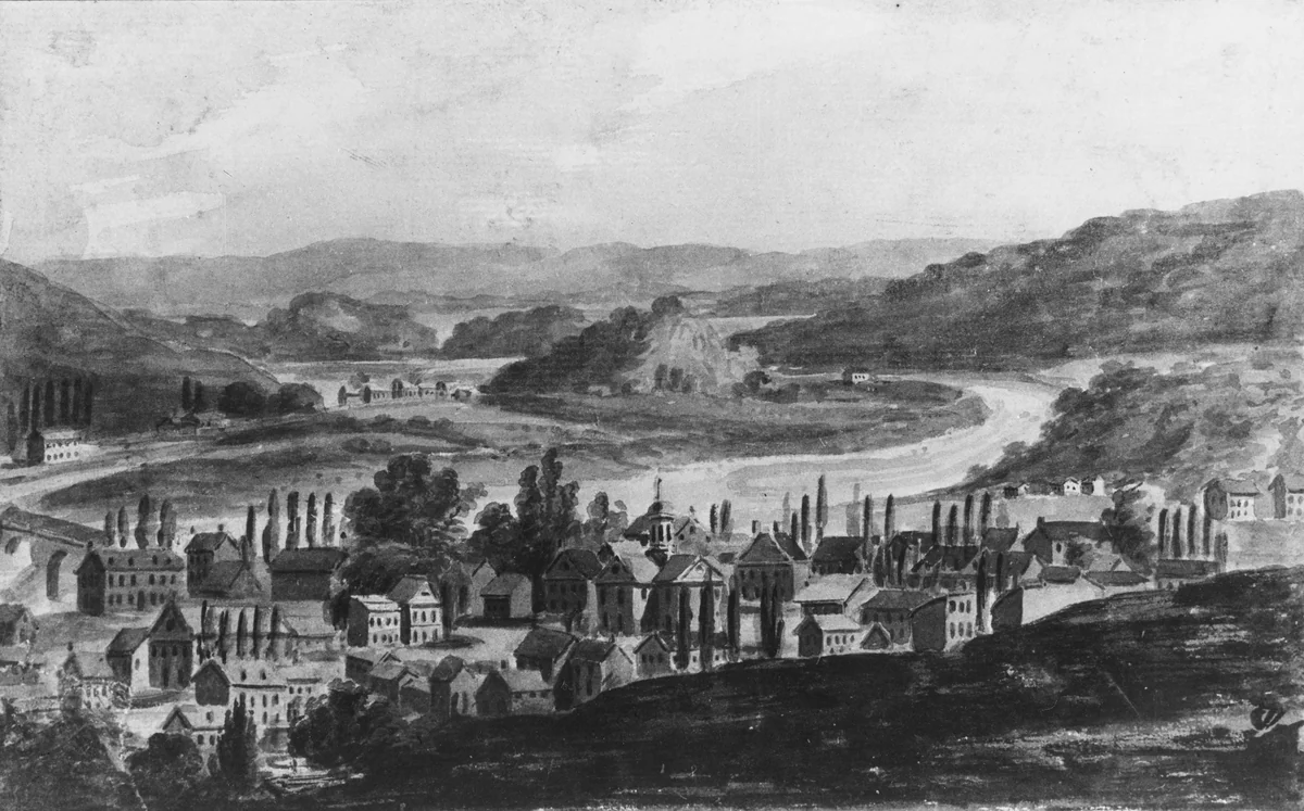 A Town on the Mohawk River in Central New York State (?) by Pavel Svinin, artwork, 1811-1816