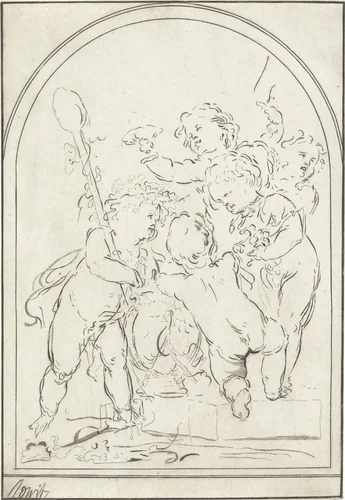 Vijf putti bij een vaas met druivenrank by Bernhard Schreuder, print, 1767-1780