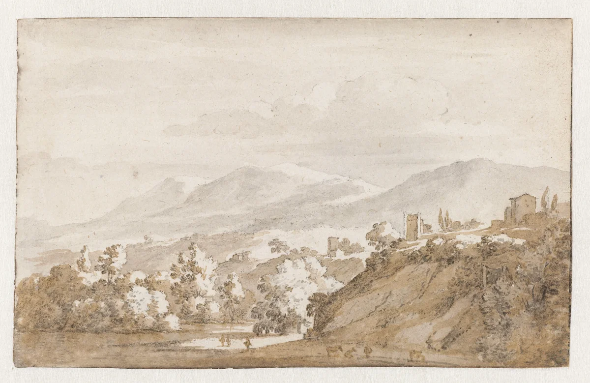 Bergachtig landschap in Italië by Jan de Bisschop, drawing, 1648-1671
