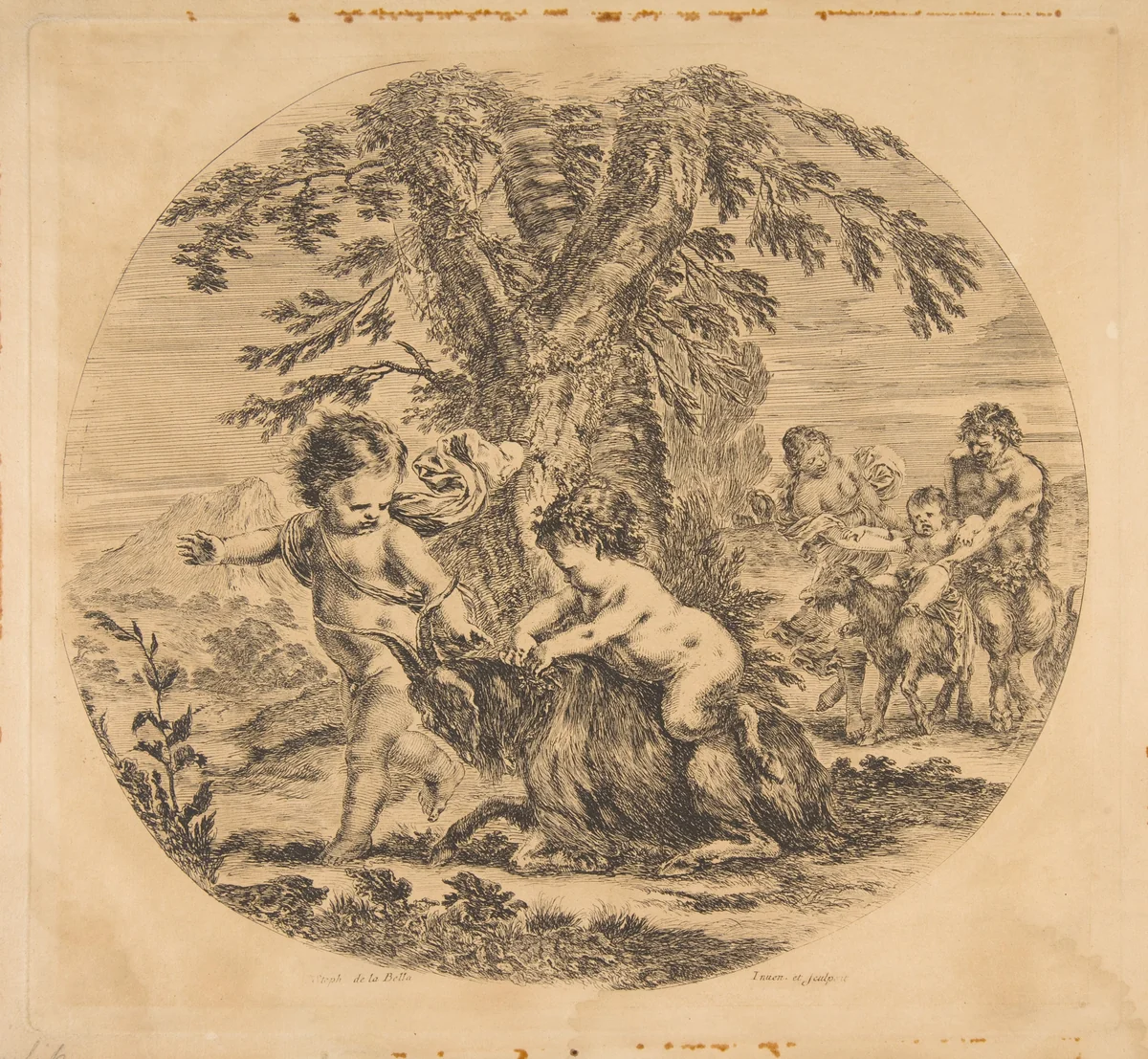A child and a satyr child playing with a goat by Stefano della Bella, print, 1652-1662