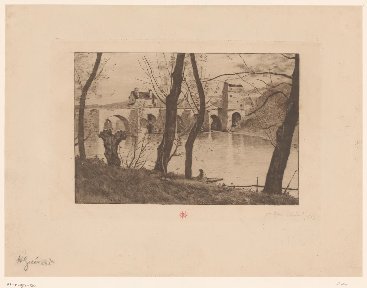 Gezicht op brug te Mantes-la-Jolie by Henri Charles Guérard, print, 1883