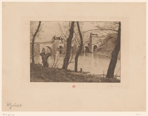 Gezicht op brug te Mantes-la-Jolie by Henri Charles Guérard, print, 1883