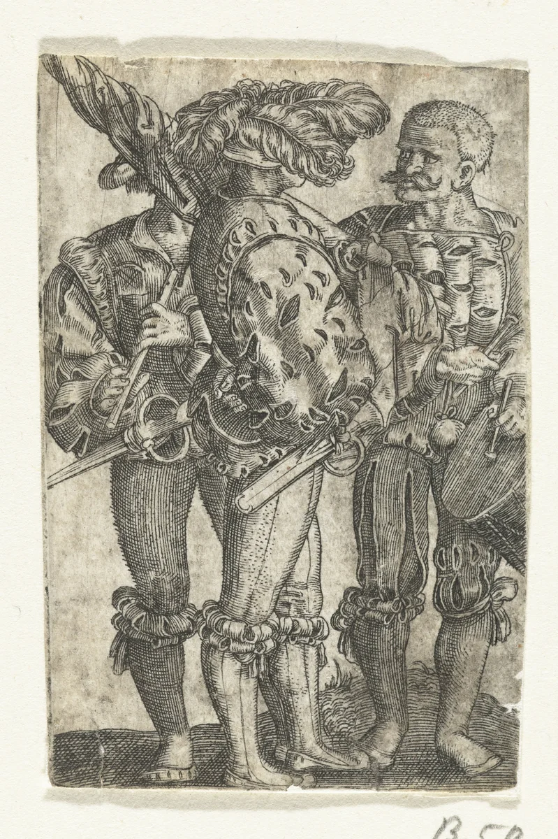 Trommelaar, standaarddrager en fluitist by anonymous, print, 1525-1590