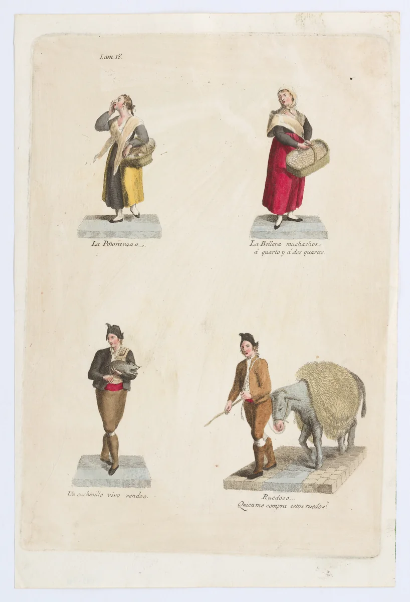 Plate 18: four street vendors from Madrid selling food, a pig etc, from 'Los Gritos de Madrid' (The Cries of Madrid) by Miguel Gamborino, print, 1809-1817