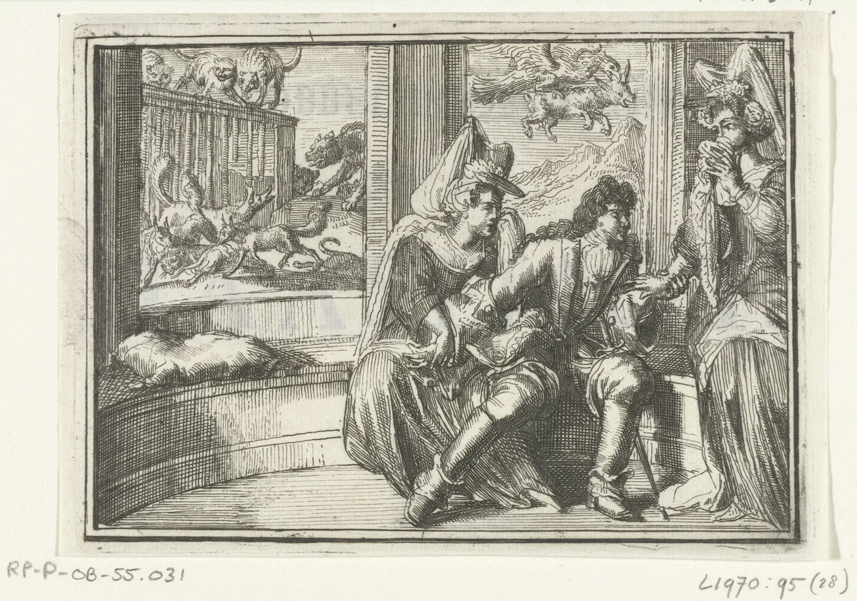 Titelblad voor het pamflet: De Hobbel in de Wacht, op de Haasejagt, 1702 by Romeyn de Hooghe, print, 1702