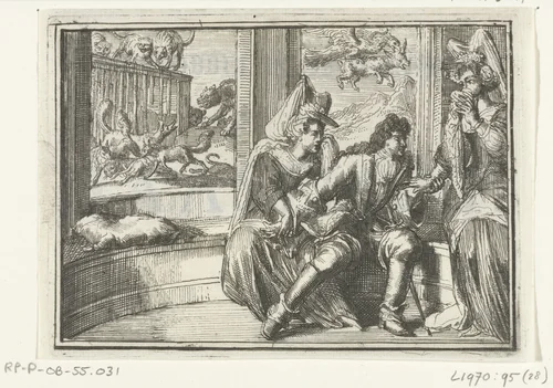 Titelblad voor het pamflet: De Hobbel in de Wacht, op de Haasejagt, 1702 by Romeyn de Hooghe, print, 1702