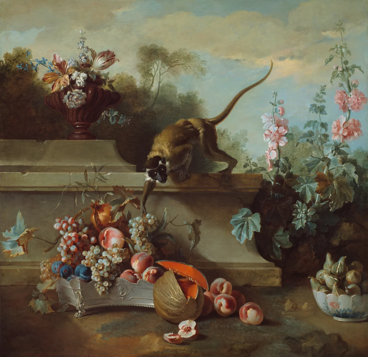 Still Life with Monkey, Fruits, and Flowers by Jean-Baptiste Oudry, painting, 1724