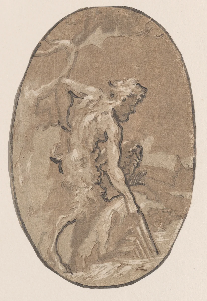 Marsyas drawing the Syrinx from the river by Niccolò Vicentino, print, 1535-1545