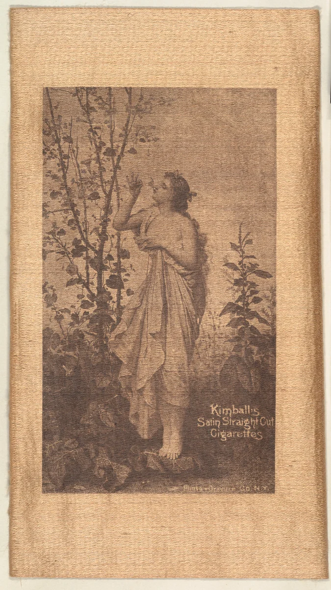 Woman smelling blossom on tree (on brown silk), from the Girl Art Subjects series (N193) issued by Wm. S. Kimball & Co. by William S. Kimball & Company, print, 1887-1894