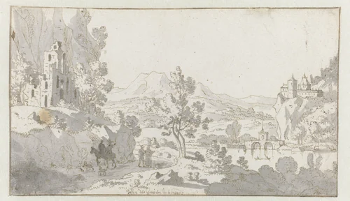 Italianate River Landscape with Travellers near Ruins by Josua de Grave, drawing, 1667-1712