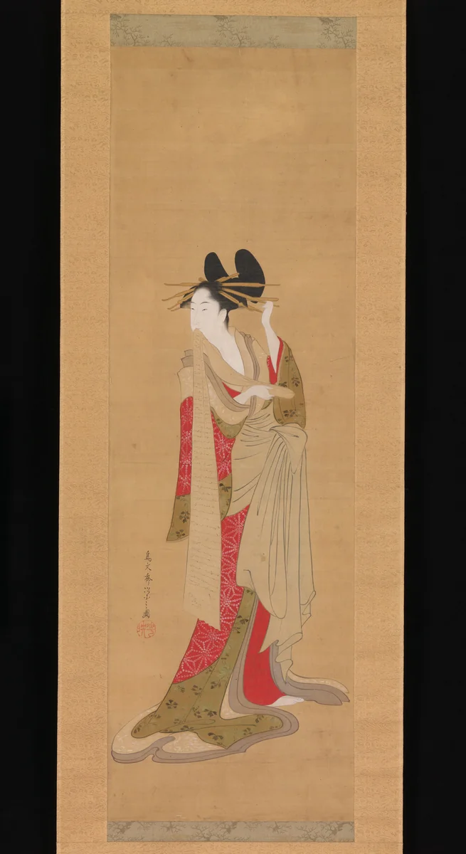 Courtesan with a Letter in Her Mouth by Chōbunsai Eishi (鳥文斎栄之), painting, 1756-1815