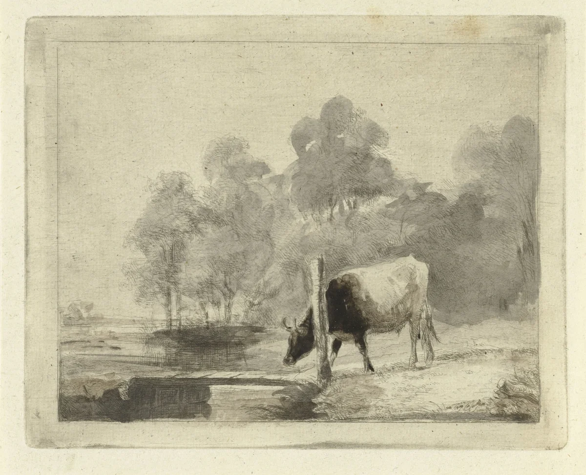 Landschap met een koe naast een sloot by Antonie Franciscus Dona, print, 1817-1877