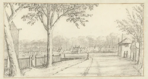 River Landscape on the Vecht (?), with Figures on a Road near a Haystack by Abraham Rutgers, drawing, 1682-1699