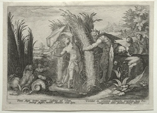Pan Pursuing Syrinx by Hendrick Goltzius, print, 1584-1594