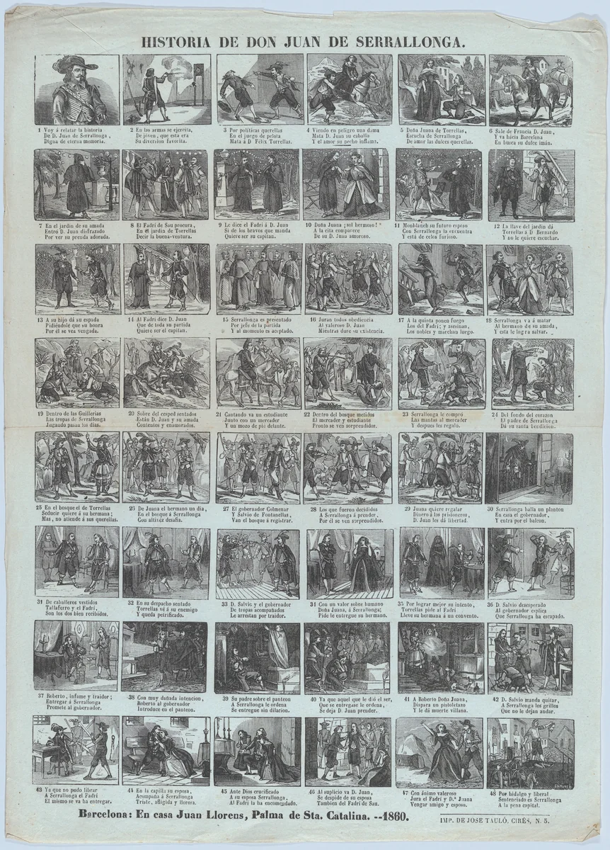 Broadside with 48 scenes relating the tale of Don Juan de Serrallonga by Samunca, print, 1860