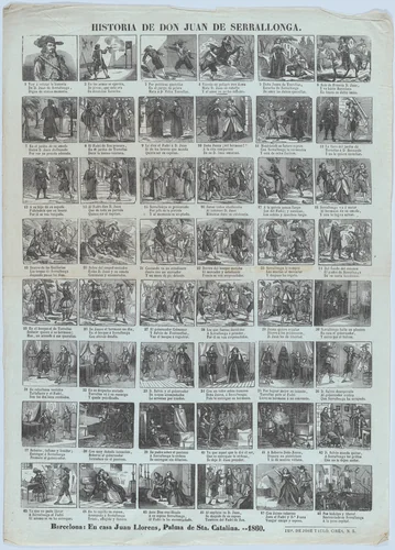 Broadside with 48 scenes relating the tale of Don Juan de Serrallonga by Samunca, print, 1860