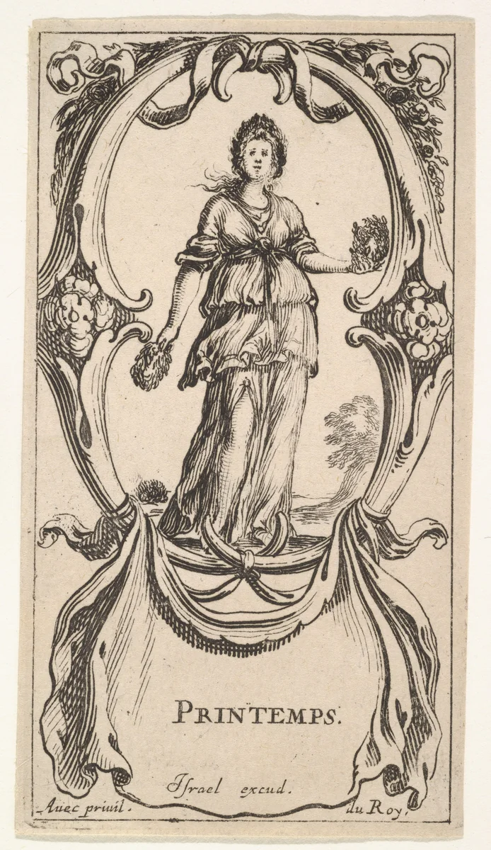 Spring, a young girl within a wreath of flowers in each hand and another on her head, within a cartouche made of flowers, from "The Four Seasons" (Les Quatre Saisons) by Stefano della Bella, print, 1638-1643