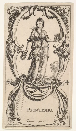 Spring, a young girl within a wreath of flowers in each hand and another on her head, within a cartouche made of flowers, from "The Four Seasons" (Les Quatre Saisons) by Stefano della Bella, print, 1638-1643