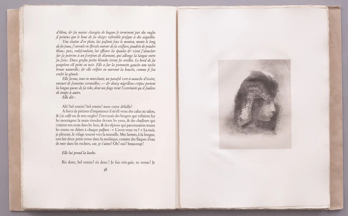 My Kisses Have the Taste of a Fruit That Would Melt in Your Heart! . . . You Disdain Me! Farewell! (Mes baisers ont le goût d'un fruit qui se fondrait dans ton coeur! . . . Tu me dédaignes! Adieu!) (plate IV) from La Tentation de Saint-Antoine by Odilon Redon, illustrated book, 1896