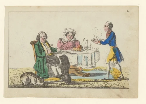 Kardoes en Muizenschik onder de tafel by anonymous, print, 1841