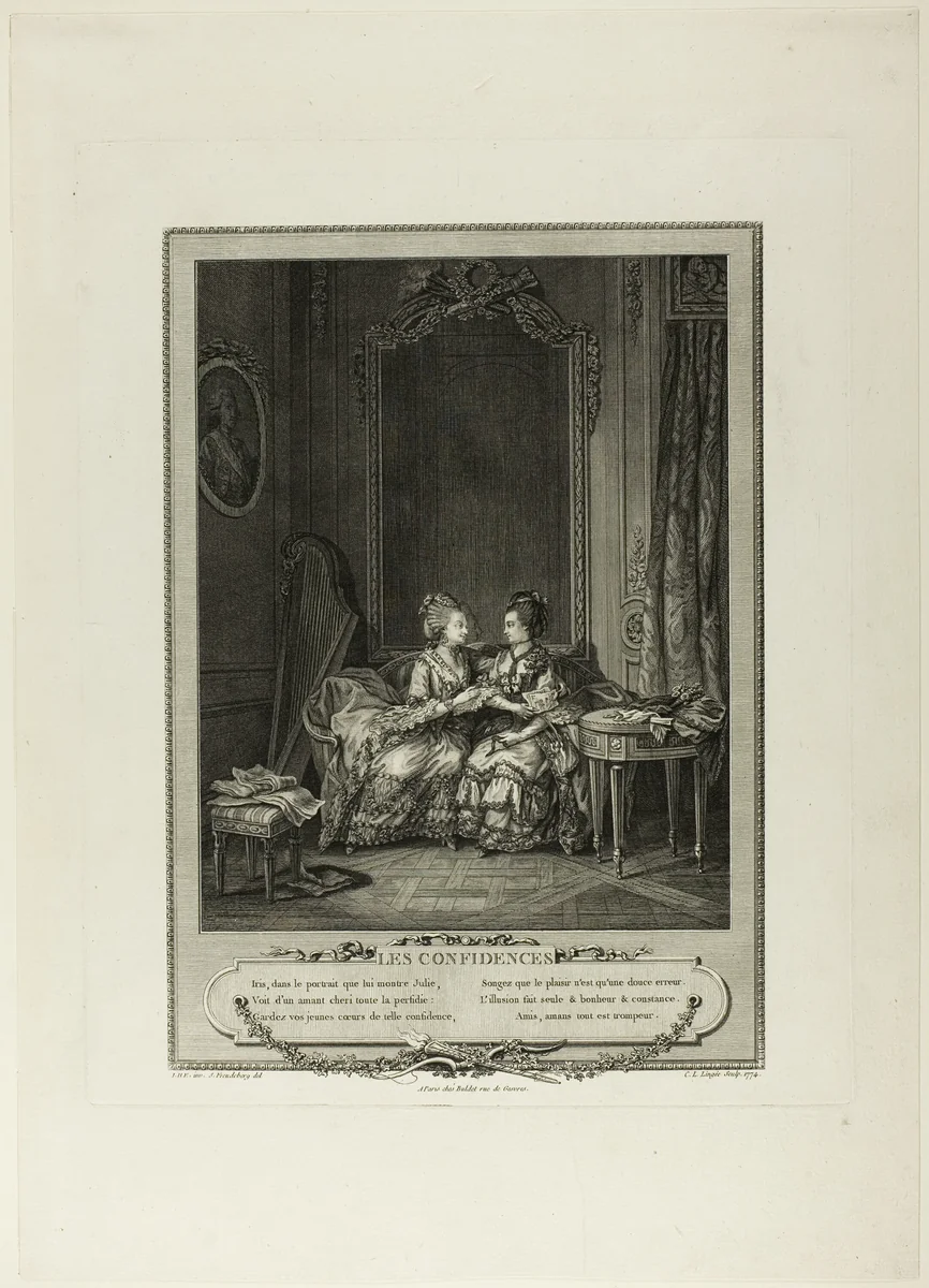 Confidences, from Monument du Costume Physique et Moral de la fin du Dix-huitième siècle by Charles Louis Lingée, print, 1774