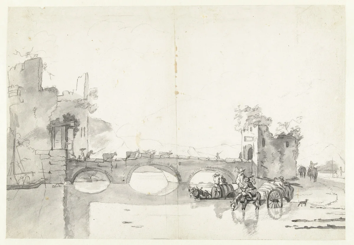 Italianate Landscape with a Stone Bridge over a River by Abraham Jansz Begeyn, drawing, 1660-1670
