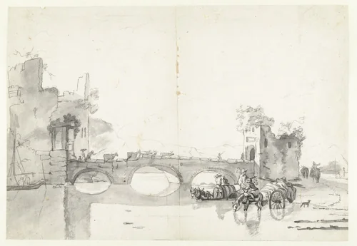 Italianate Landscape with a Stone Bridge over a River by Abraham Jansz Begeyn, drawing, 1660-1670