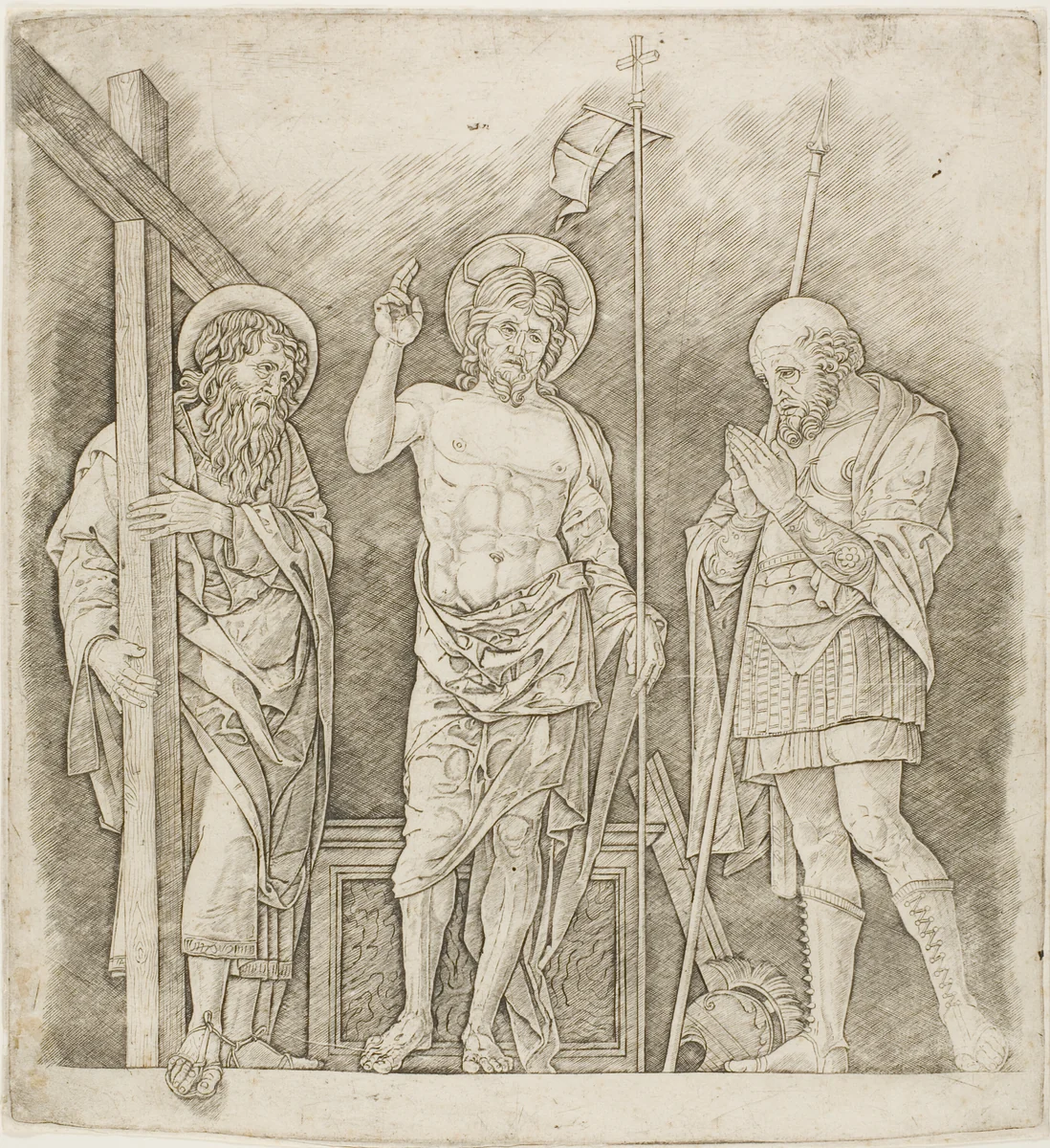 Risen Christ Between Saints Andrew and Longinus by Andrea Mantegna, print, 1467-1477