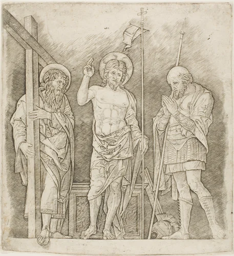 Risen Christ Between Saints Andrew and Longinus by Andrea Mantegna, print, 1467-1477
