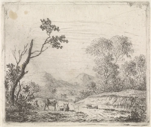 Bergachtig landschap met grazend vee by Johannes Christiaan Janson, print, 1778-1823