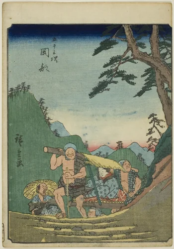 Okabe, from the series "Fifty-three Stations [of the Tokaido] (Gojusan tsugi)," also known as the Figure Tokaido (Jinbutsu Tokaido) by Utagawa Hiroshige (歌川広重), print, 1852