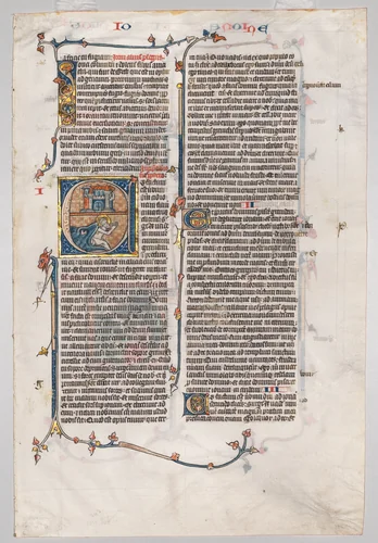 Single Leaf from a Bible: Initial E[t factum est] with Jonah Swallowed by the Whale by Unknown, manuscript, 1285-1295