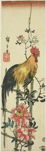 Rooster perched on rose trellis by Utagawa Hiroshige (歌川広重), print, 1854