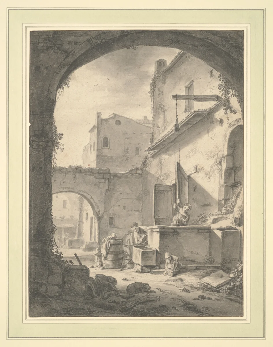 View into a Courtyard with a Family at a Well by Thomas Wyck, drawing, 1616-1677
