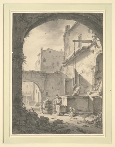 View into a Courtyard with a Family at a Well by Thomas Wyck, drawing, 1616-1677