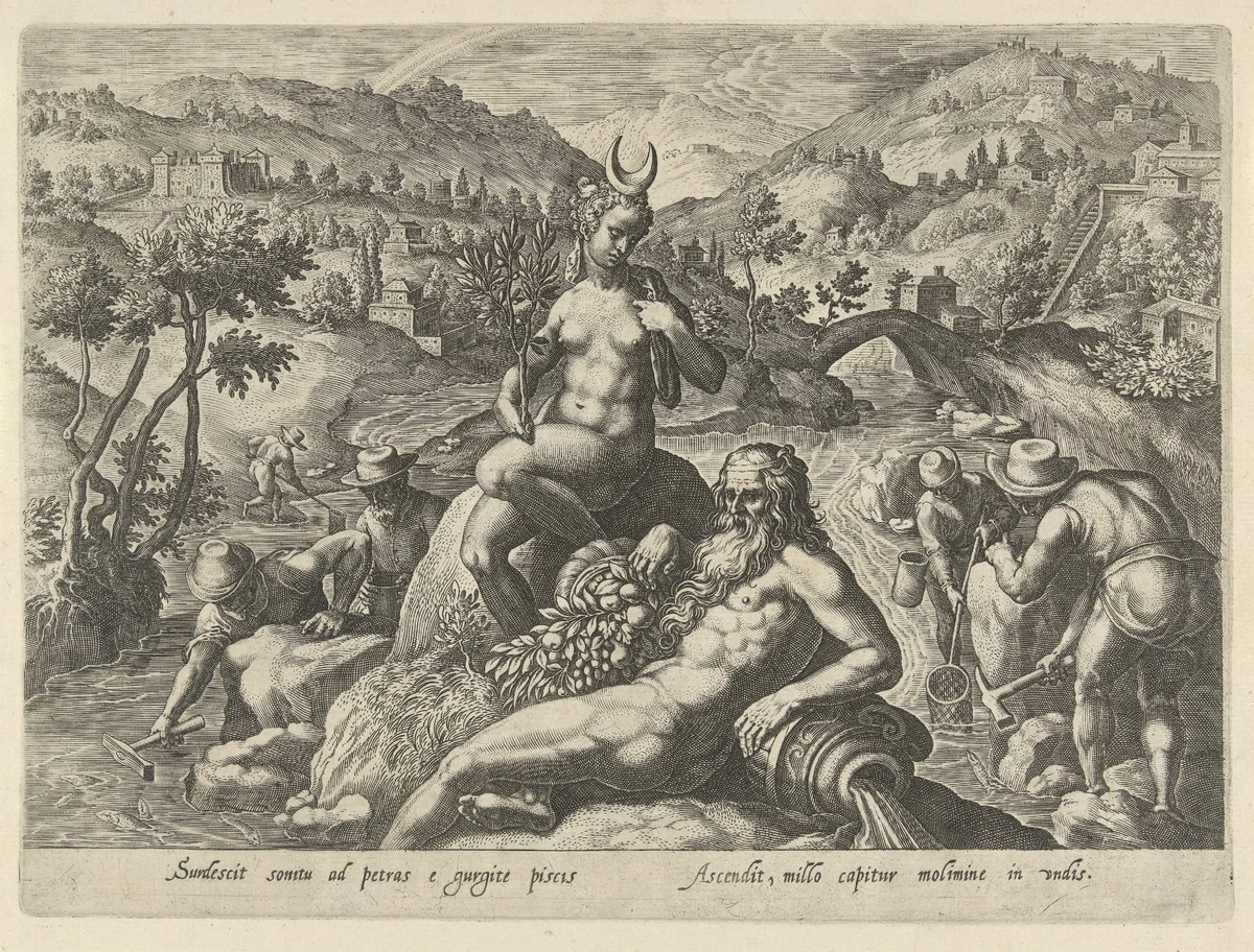 Nachtelijk vissen met hamer en schepnet by Philips Galle, print, 1578
