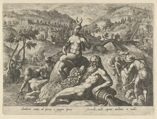Nachtelijk vissen met hamer en schepnet by Philips Galle, print, 1578
