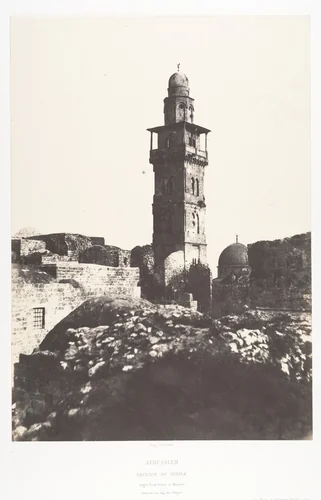 Jérusalem, Enceinte du Temple, Angle Nord-Ouest et minaret élevé en l'an 697 de l'Hégire by Auguste Salzmann, photograph, 1854-1859