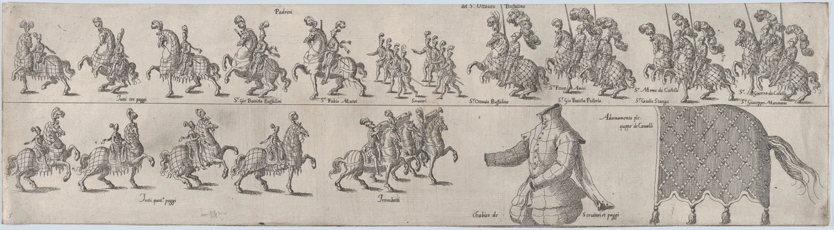 Plate depicting Ottavio Buffalino, from a series of twelve showing knights and their attendants dressed for a tournament (plate 5) by anonymous, print, 1565