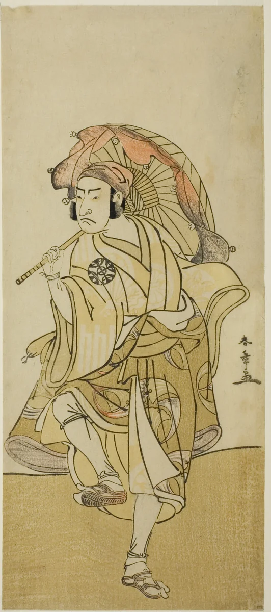 The Actor Nakamura Nakazo I as Onmaya Kisanda Disguised as the Lion Dancer Kakubei in the Play Chigo Torii Tobiiri Kitsune, Performed at the Ichimura Theater in the Eleventh Month, 1777 by Katsukawa Shunsho (勝川 春章), print, 1772-1782